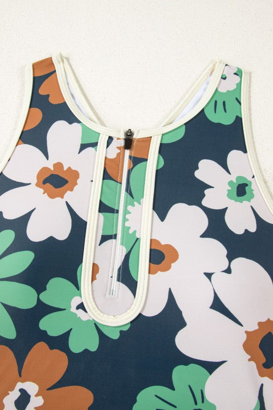 Flower Zip-Up Racerback & High Waist Bikini Set - Snag N' Style