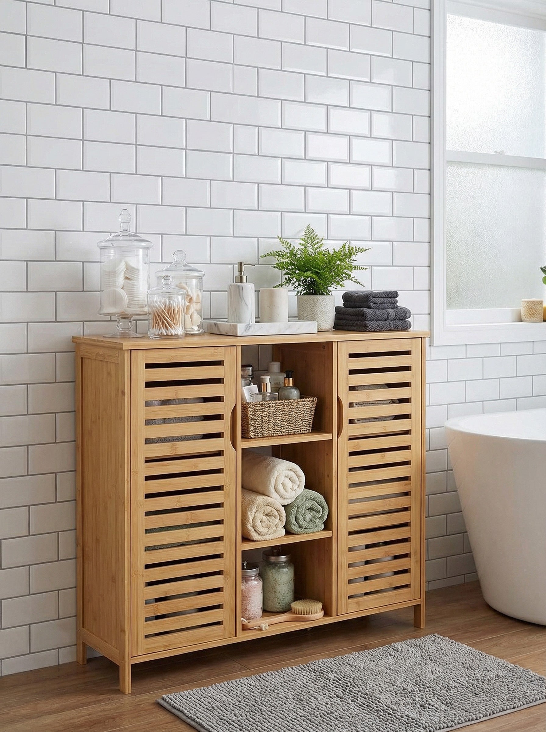 Bamboo 4 Tier Floor Cabinet with Doors, Freestanding Storage - Snag N' Style