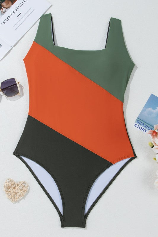 Colorblock Padded Square Neck One Piece Swimsuit - Snag N' Style