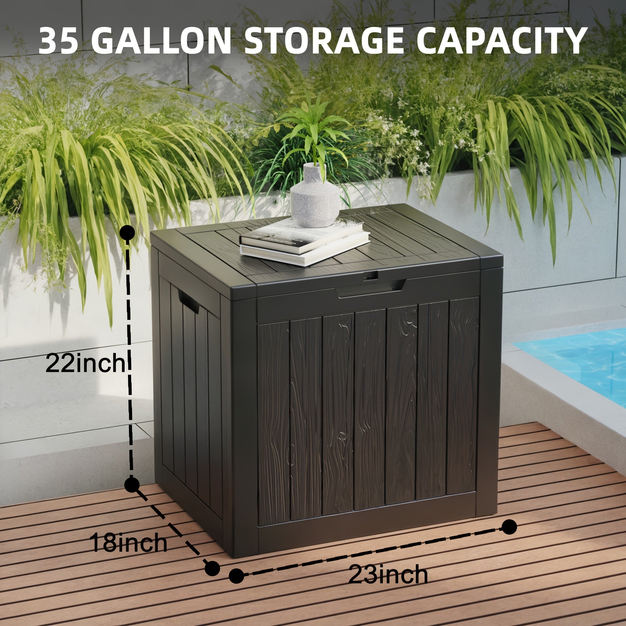35 Gallon Outdoor Resin Storage Box – Black/Wood Grain - Snag N' Style