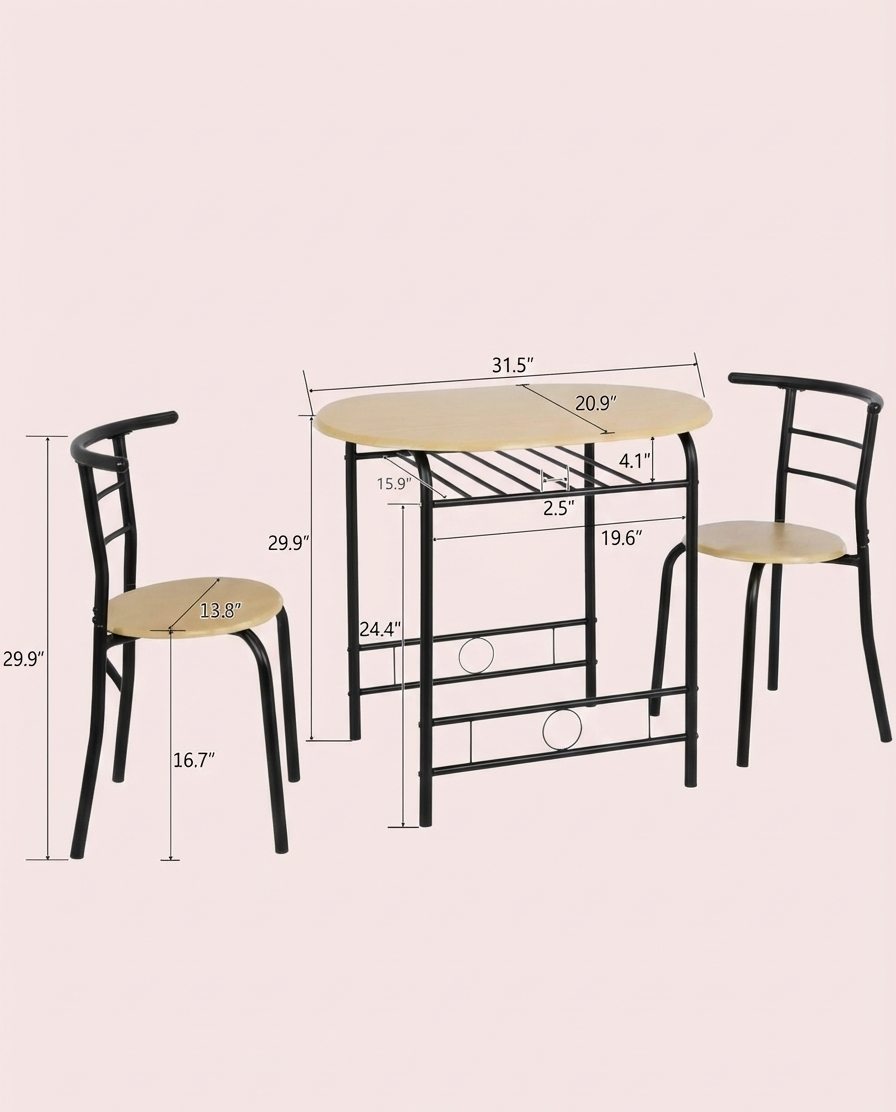3-Piece Dining Set for 2 – Minimalist Wooden Table + 2 Metal Frame Chairs - Snag N' Style