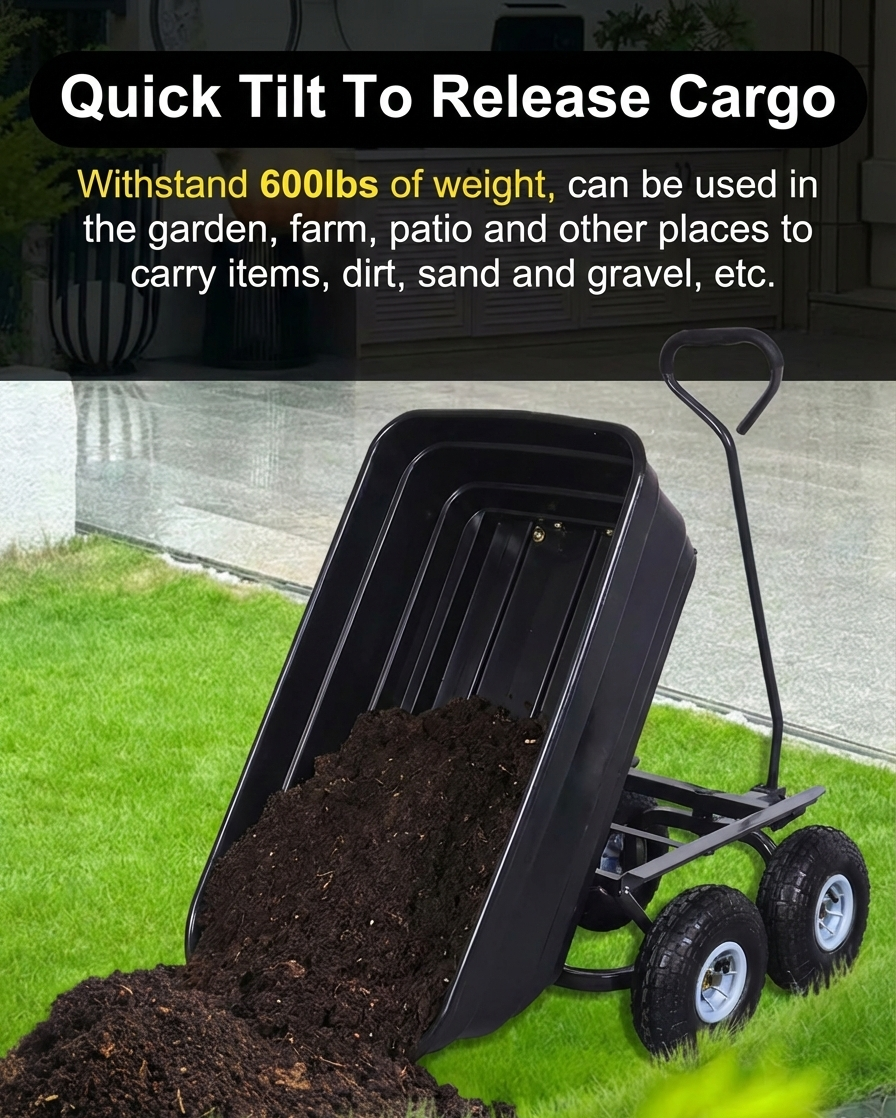 Heavy Duty Poly Garden Dump Cart – 600 lb Capacity, 10" Pneumatic Tires - Snag N' Style