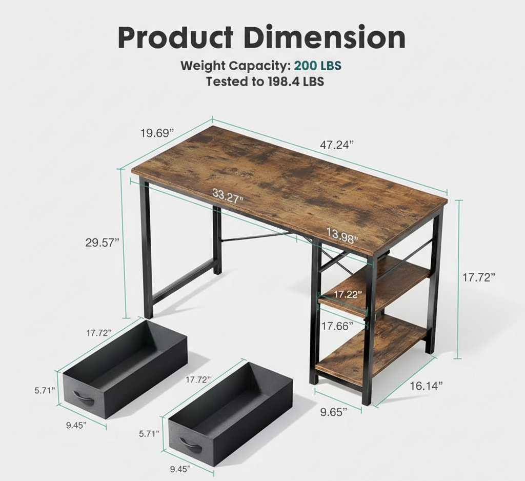 40/47 Inch Computer Desk with Fabric Storage Drawers, Modern Home Office Table - Snag N' Style