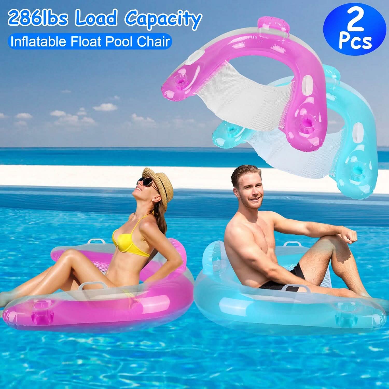 2-Pack: Inflatable Float Pool Chair with Cup Holder Arm Rest - Snag N' Style