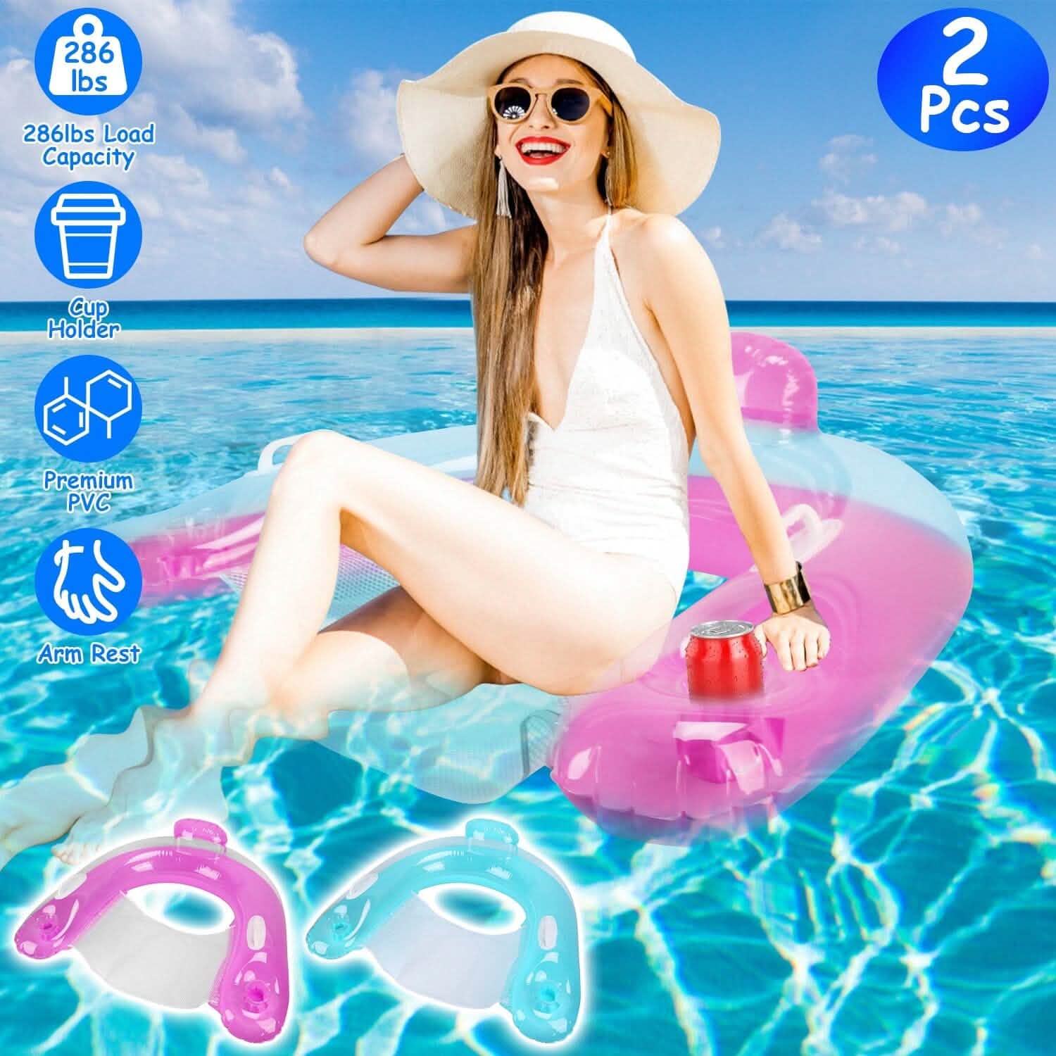2-Pack: Inflatable Float Pool Chair with Cup Holder Arm Rest - Snag N' Style