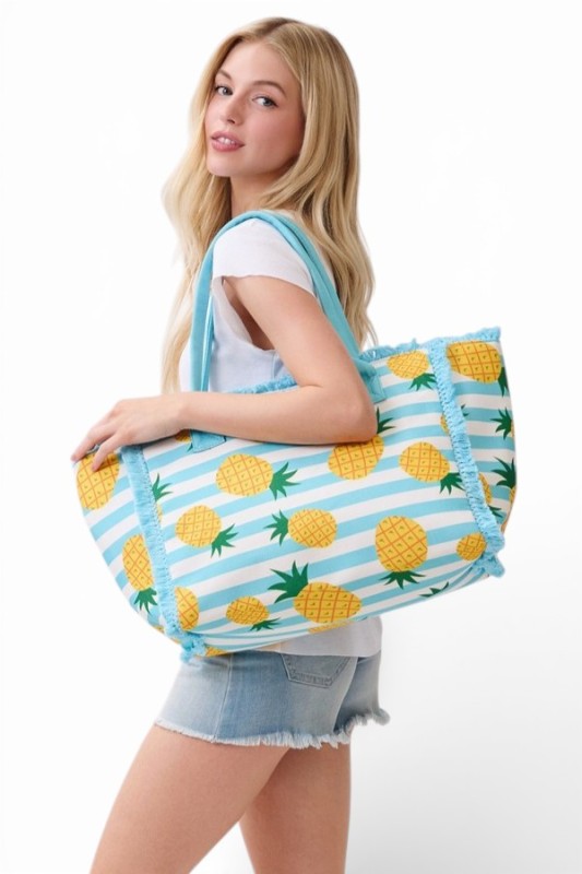 Pineapple Stripe Fringe Tote Bag - Snag N' Style