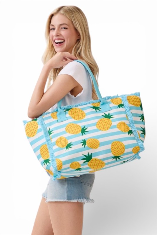 Pineapple Stripe Fringe Tote Bag - Snag N' Style