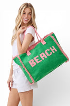 BEACH Patch Letters Terry Cloth Frayed Tote Bag - Snag N' Style