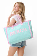 BEACH Patch Letters Terry Cloth Frayed Tote Bag - Snag N' Style