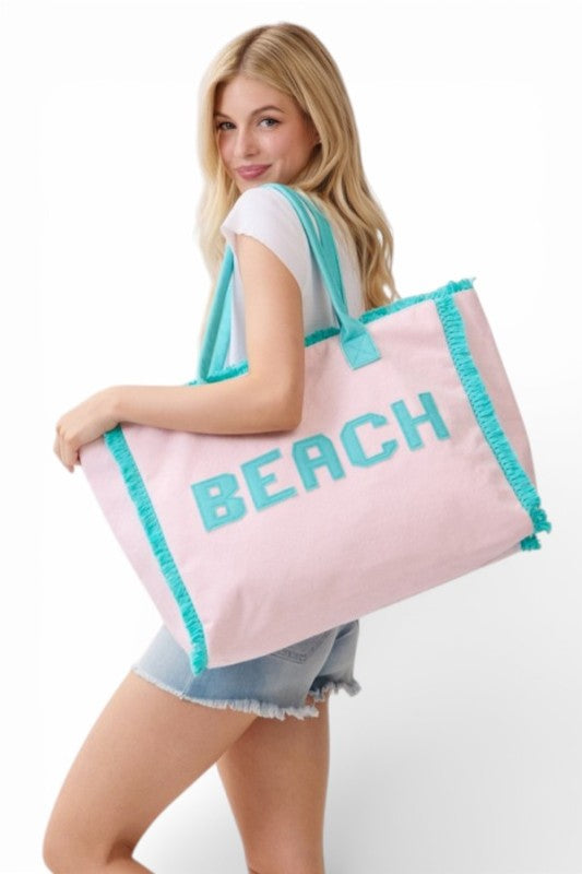 BEACH Patch Letters Terry Cloth Frayed Tote Bag - Snag N' Style
