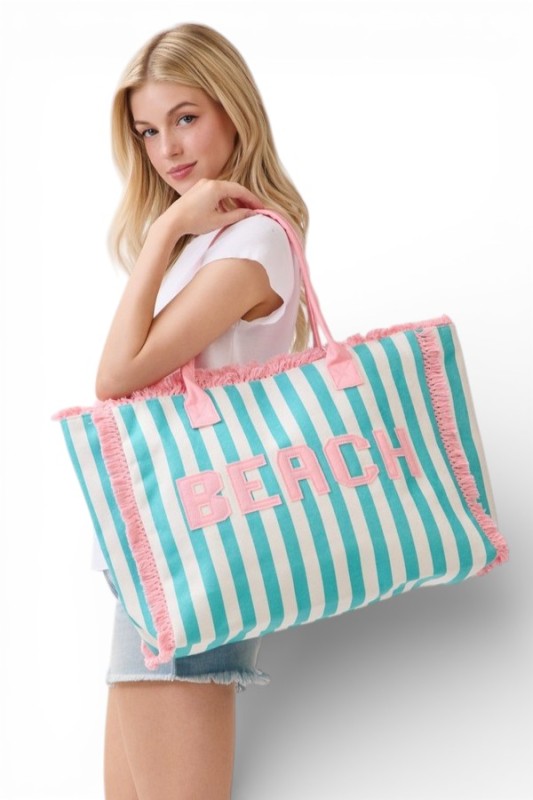 Beach Letter Patch Frayed Stripy Terry Cloth Tote - Snag N' Style