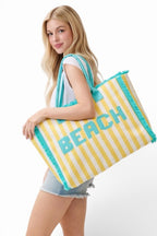 Beach Letter Patch Frayed Stripy Terry Cloth Tote - Snag N' Style