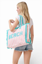 Beach Letter Patch Frayed Stripy Terry Cloth Tote - Snag N' Style