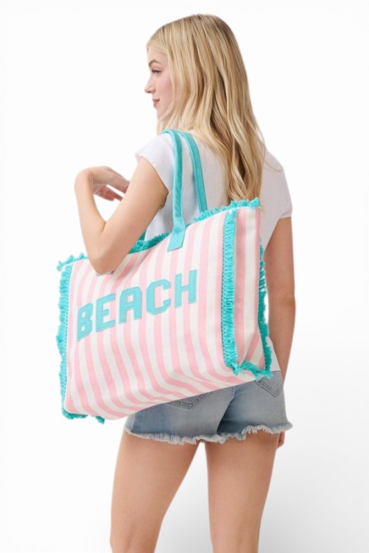 Beach Letter Patch Frayed Stripy Terry Cloth Tote - Snag N' Style