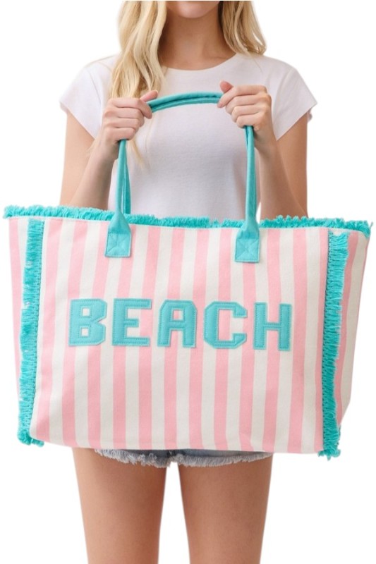 Beach Letter Patch Frayed Stripy Terry Cloth Tote - Snag N' Style