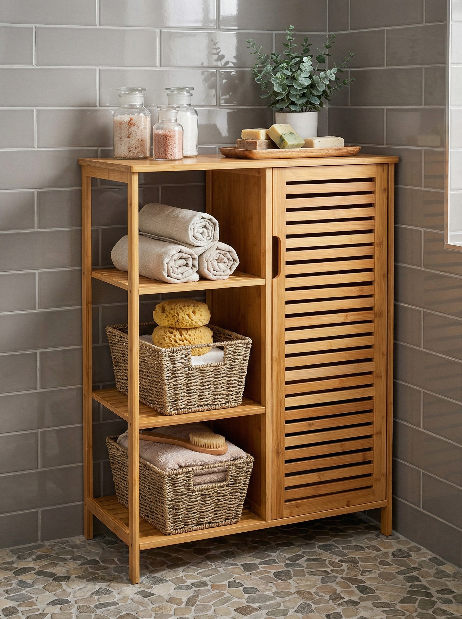 Bamboo 4 Tier Floor Cabinet with Doors, Freestanding Storage - Snag N' Style