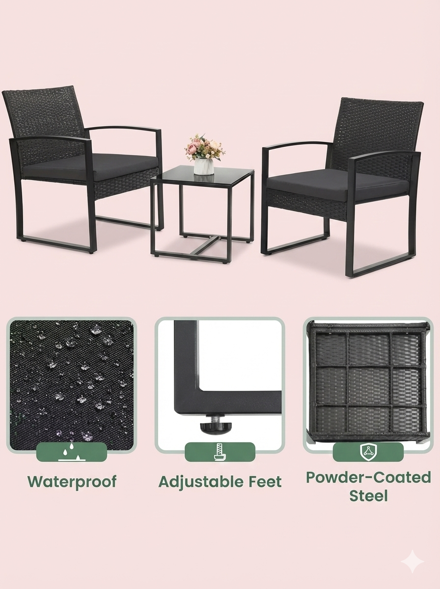 3-Piece Outdoor Patio Furniture Set – Wicker Chairs + Bar Table with Cushions - Snag N' Style