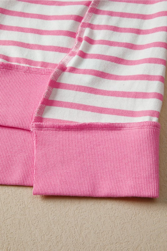 Stripe Half Placket High Low Short Sleeve Top - Snag N' Style