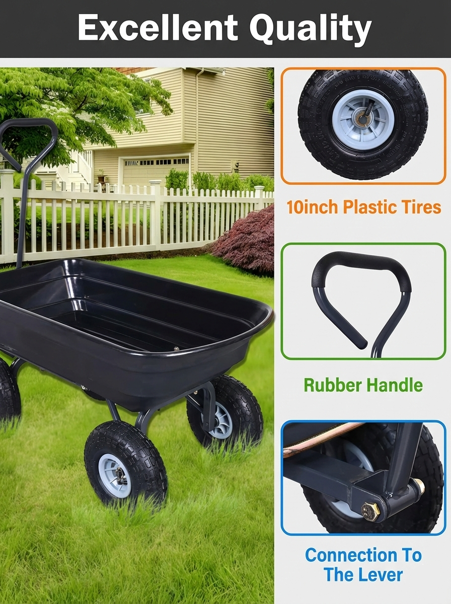 Heavy Duty Poly Garden Dump Cart – 600 lb Capacity, 10" Pneumatic Tires - Snag N' Style