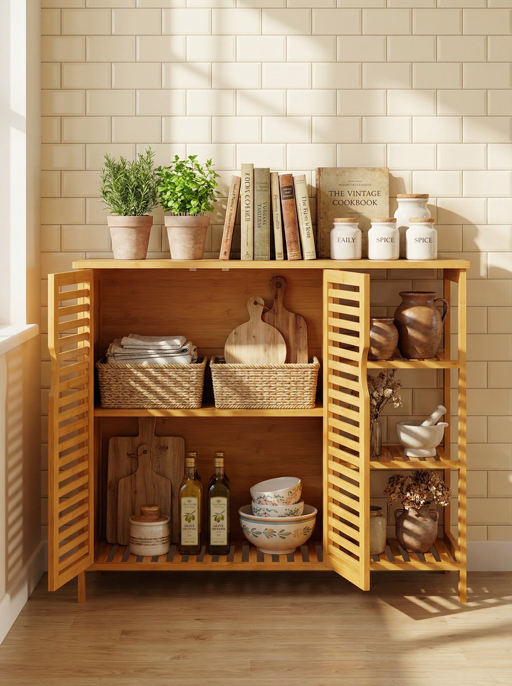 Bamboo 4 Tier Floor Cabinet with Doors, Freestanding Storage - Snag N' Style