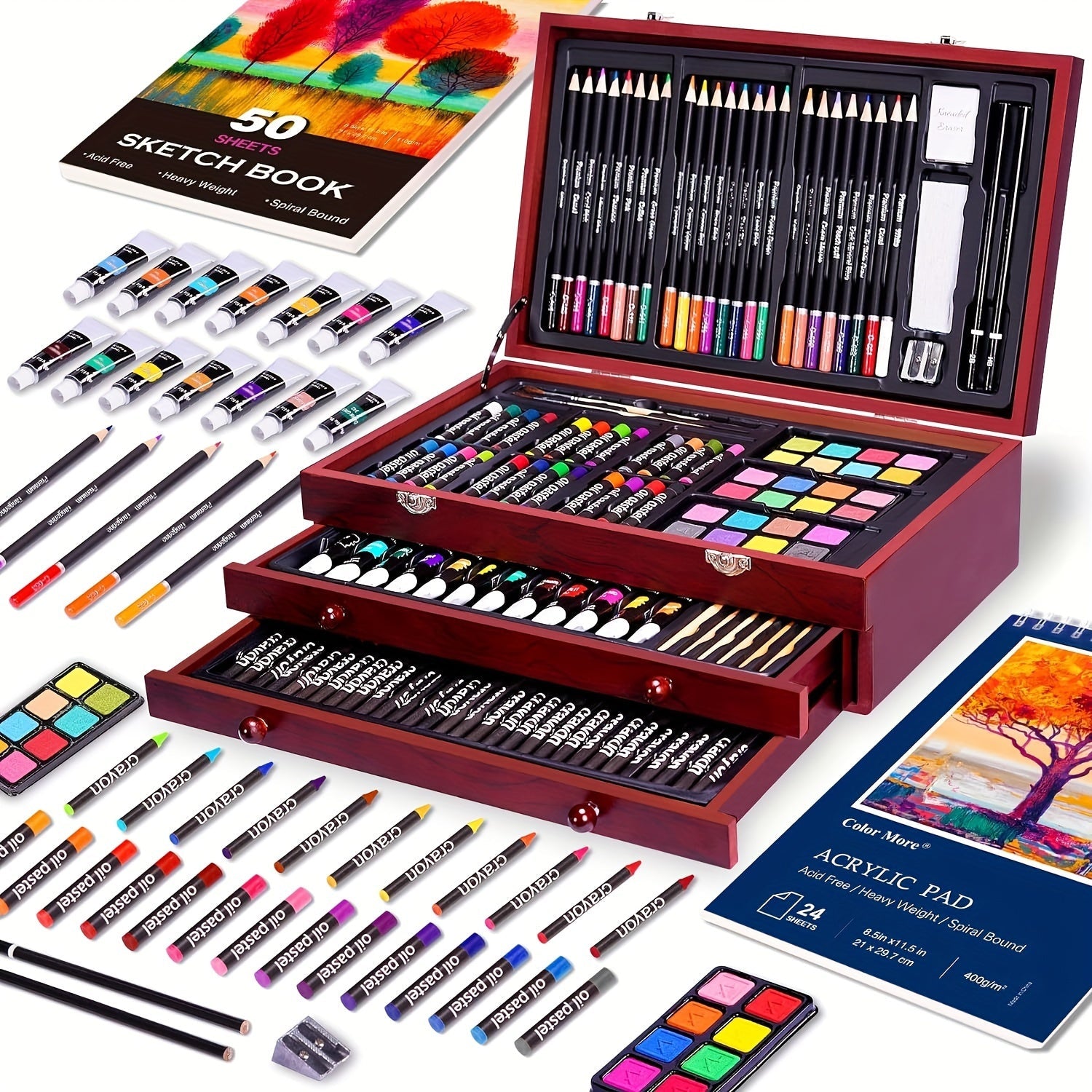 175-Piece Deluxe Art Set – Crayons, Colored Pencils & Acrylic Paints in Wooden Case - Snag N' Style