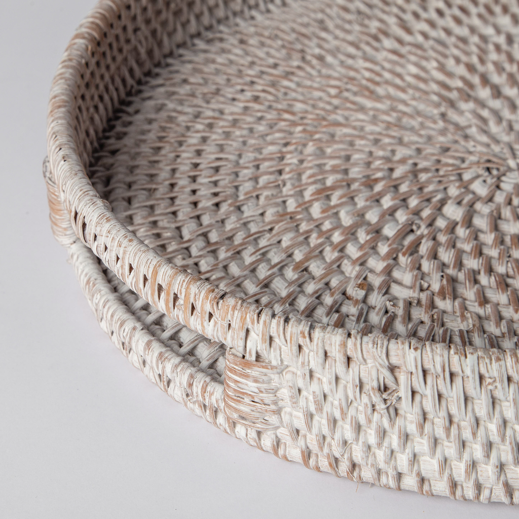 404 Round Rattan Tray — Decorative White Woven Tray for Coffee Table & Home - Snag N' Style