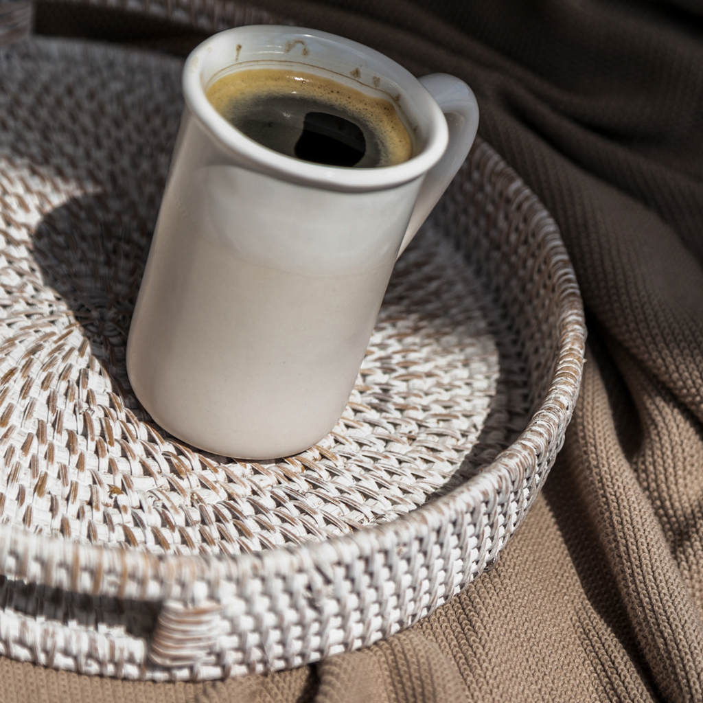 404 Round Rattan Tray — Decorative White Woven Tray for Coffee Table & Home - Snag N' Style