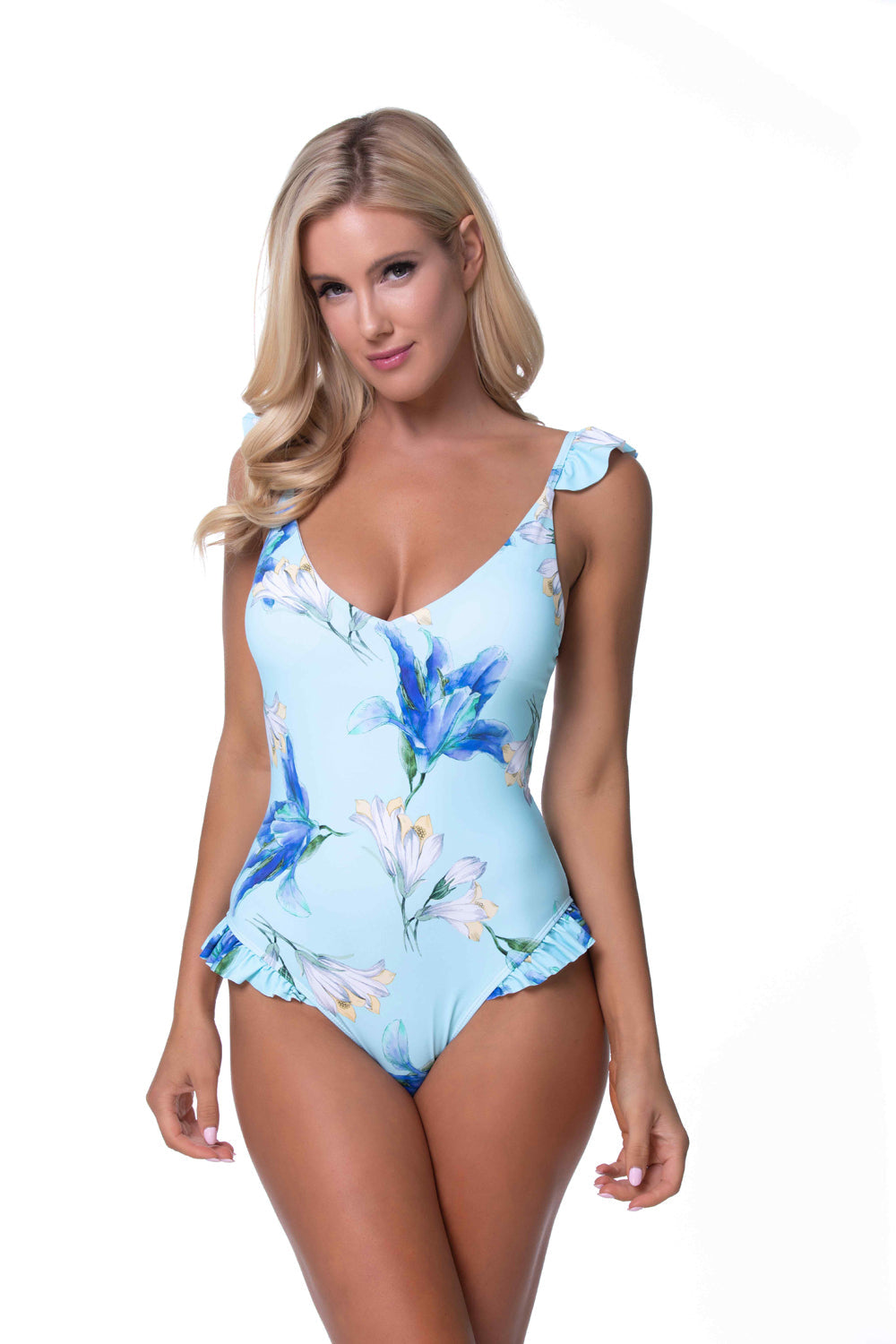 BLUE FLORAL RUFFLE TRIM ONE PIECE SWIMWEAR - Snag N' Style