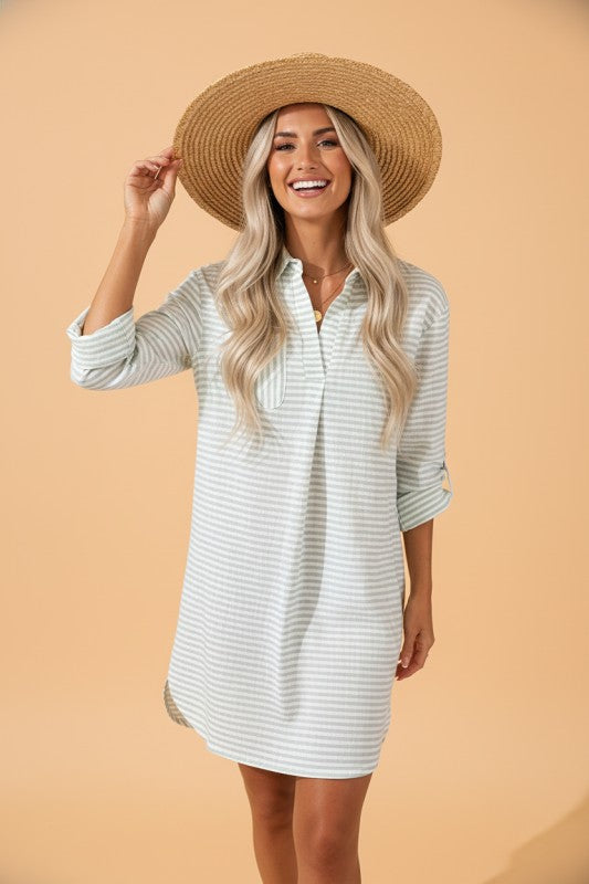 Stripe Collared V-Neck Chest Pocket Swim Cover Up - Snag N' Style