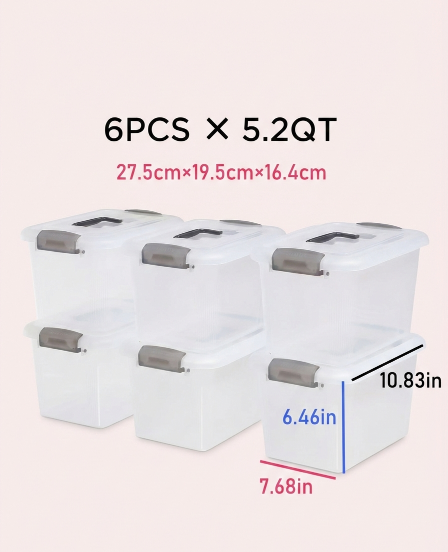 6PCS 8.5 Qt Clear Plastic Storage Boxes Stackable w Lock Lid & Handle - Snag N' Style