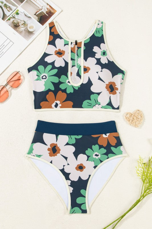 Flower Zip-Up Racerback & High Waist Bikini Set - Snag N' Style