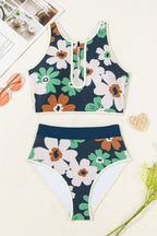 Flower Zip-Up Racerback & High Waist Bikini Set - Snag N' Style