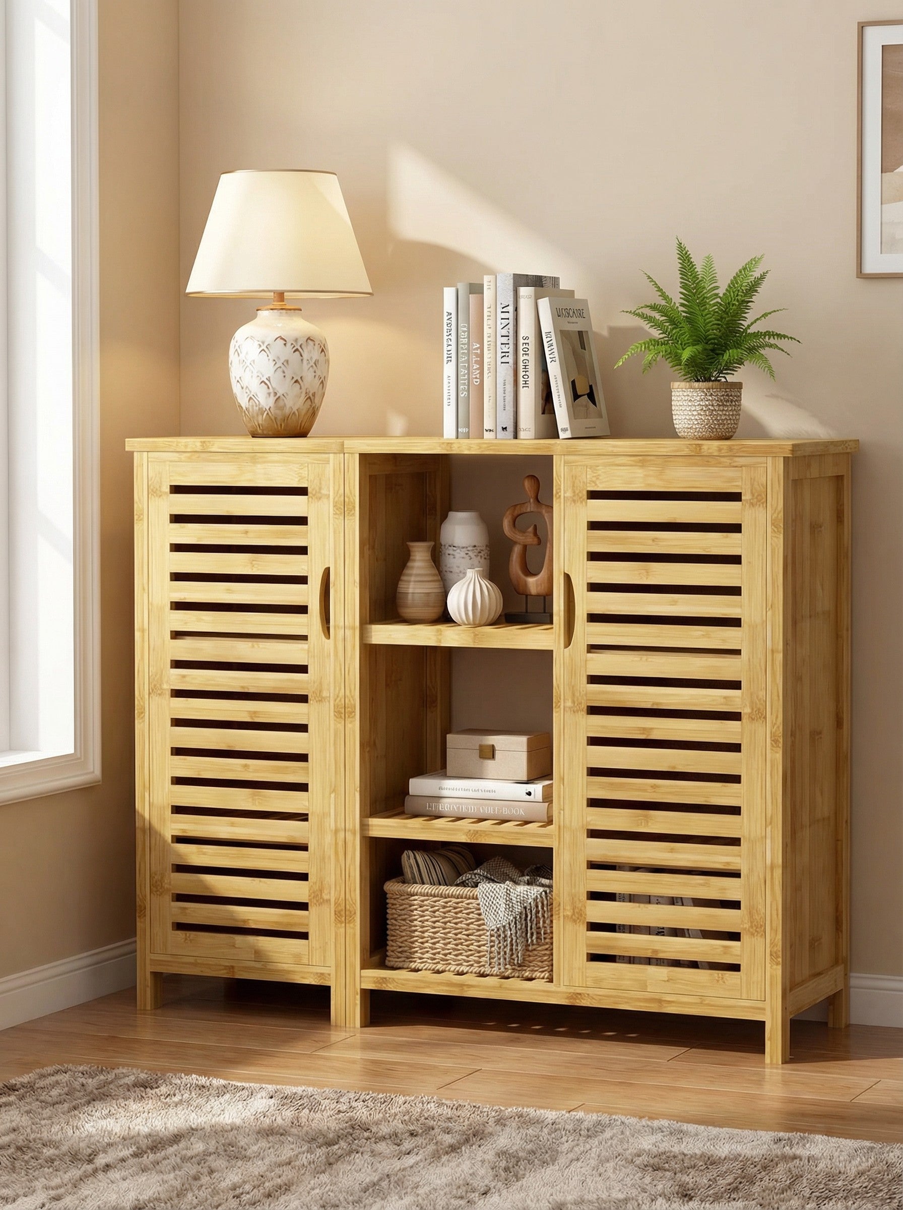 Bamboo 4 Tier Floor Cabinet with Doors, Freestanding Storage - Snag N' Style