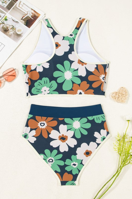 Flower Zip-Up Racerback & High Waist Bikini Set - Snag N' Style