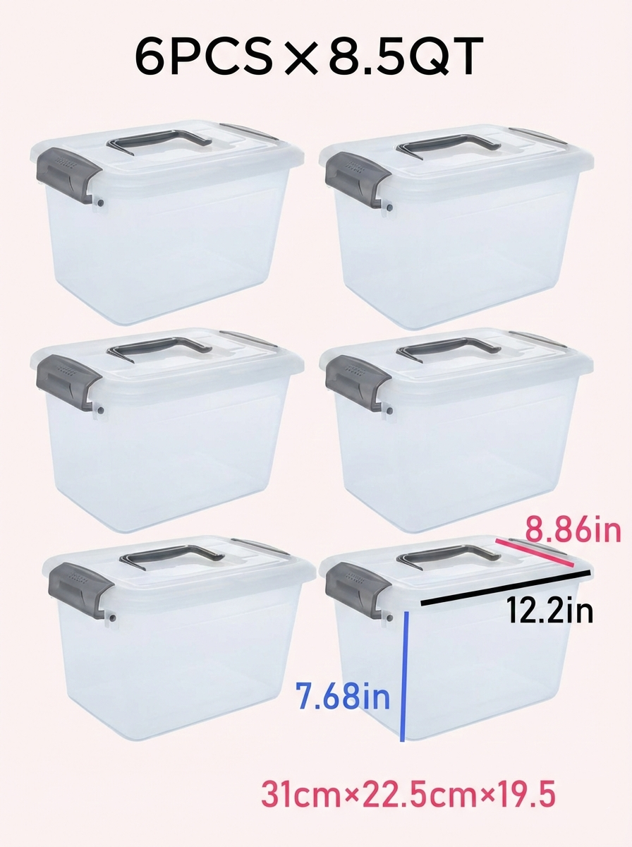 6PCS 8.5 Qt Clear Plastic Storage Boxes Stackable w Lock Lid & Handle - Snag N' Style