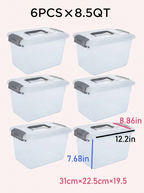 6PCS 8.5 Qt Clear Plastic Storage Boxes Stackable w Lock Lid & Handle - Snag N' Style