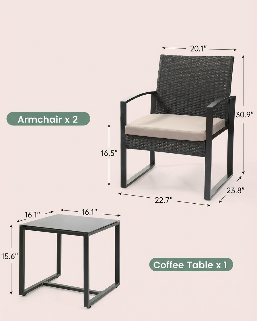 3-Piece Outdoor Patio Furniture Set – Wicker Chairs + Bar Table with Cushions - Snag N' Style