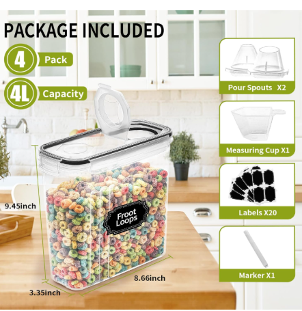 4-Piece Set: Airtight Cereal Storage Containers with Pour Spouts & Measuring Cup – 4L Kitchen Pantry Organizer - Snag N' Style