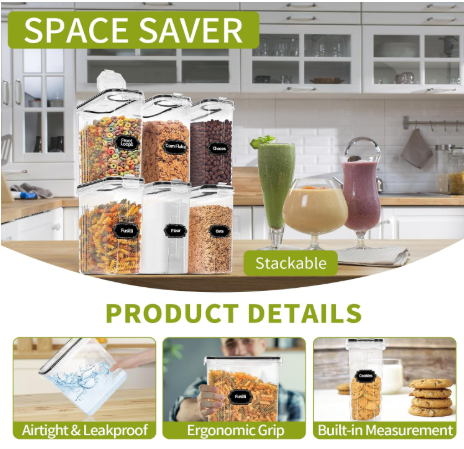 4-Piece Set: Airtight Cereal Storage Containers with Pour Spouts & Measuring Cup – 4L Kitchen Pantry Organizer - Snag N' Style