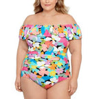 Swim Solutions Plus Size Tummy Control Off-the-Shoulder Ruffled Swimsuit - Snag N' Style
