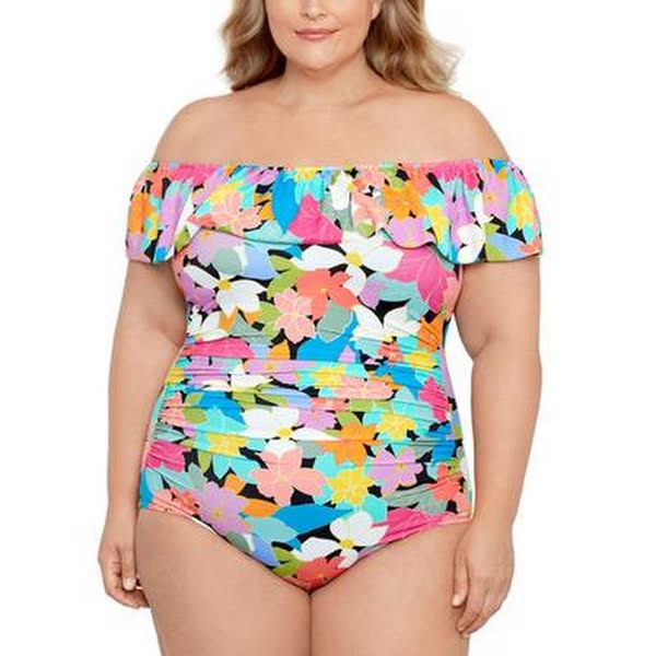 Swim Solutions Plus Size Tummy Control Off-the-Shoulder Ruffled Swimsuit - Snag N' Style