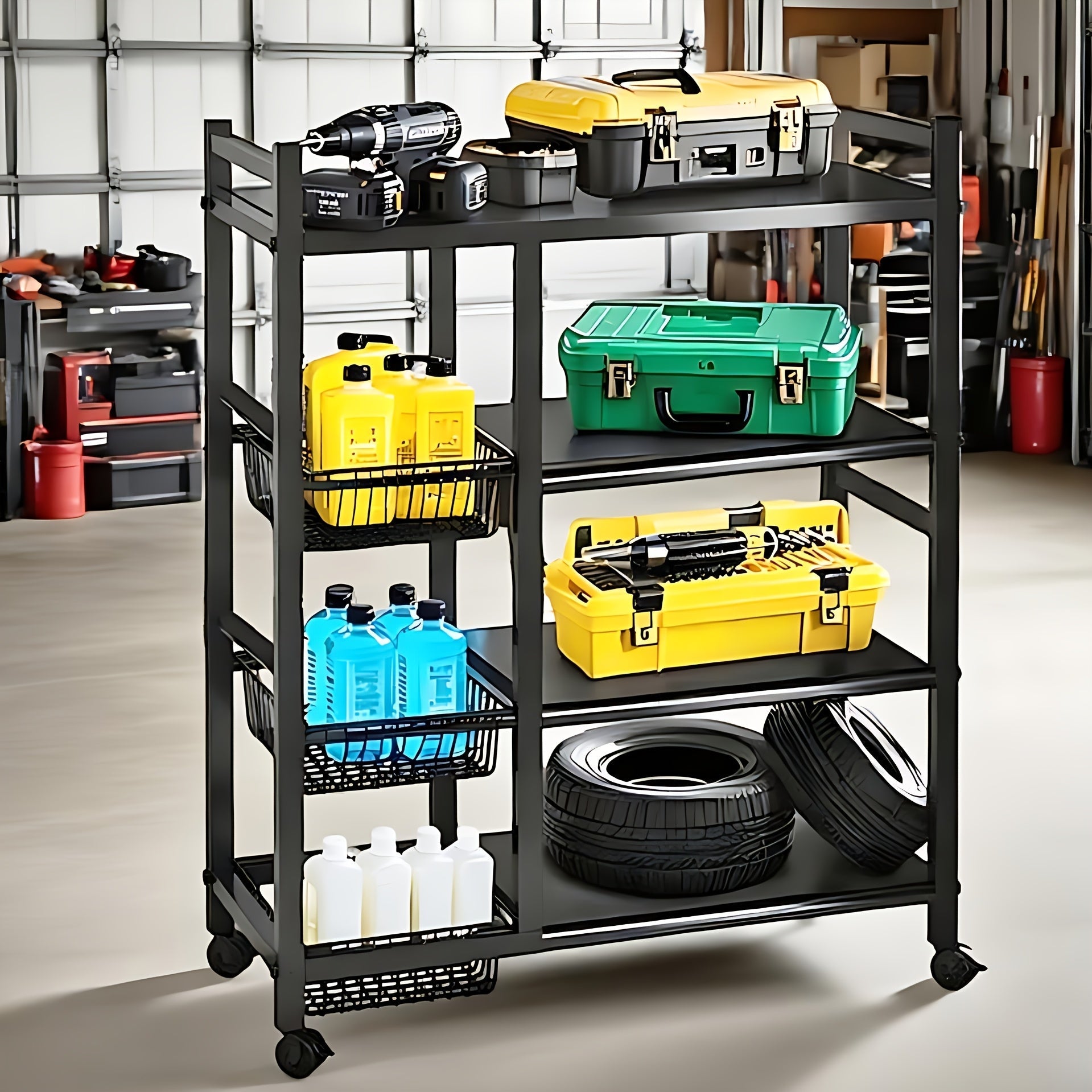 4-Tier Rolling Storage Rack with Baskets, Metal Utility Shelf on Wheels, Kitchen Garage Organizer - Snag N' Style