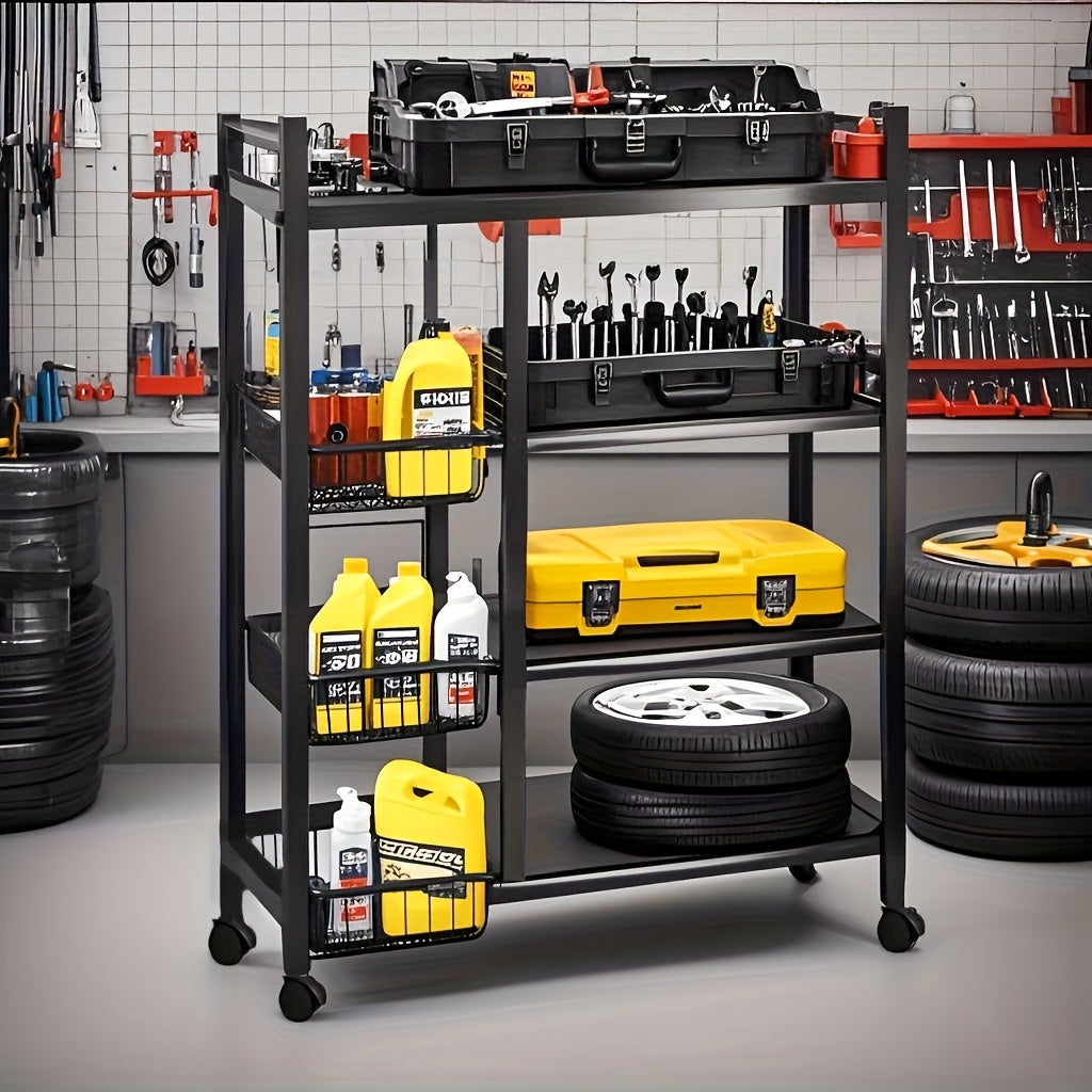 4-Tier Rolling Storage Rack with Baskets, Metal Utility Shelf on Wheels, Kitchen Garage Organizer - Snag N' Style