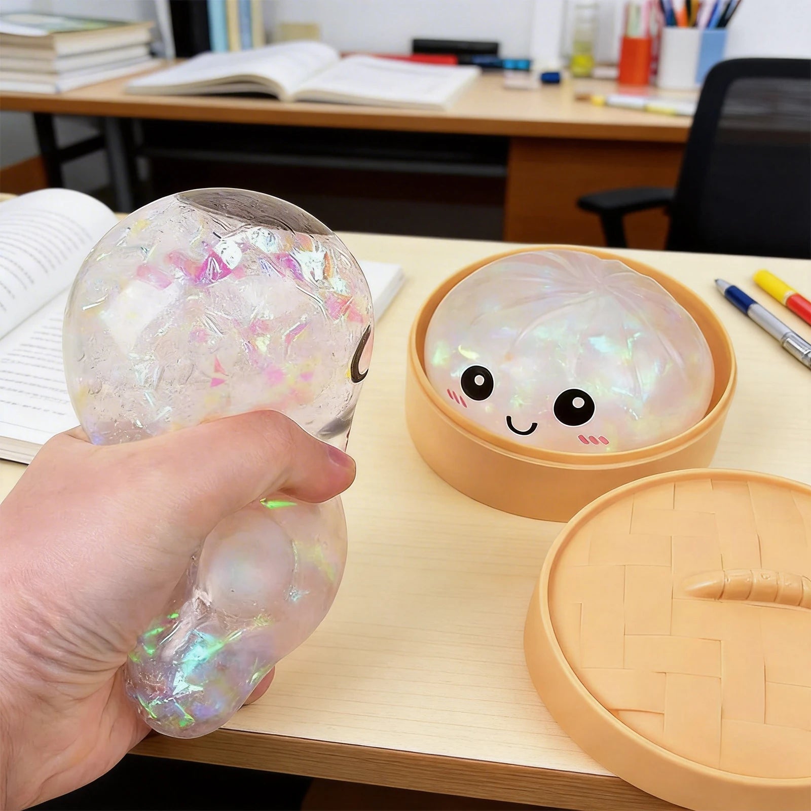 Glitter Dumpling Squishy Stress Ball — Sparkly Fidget Toy with Mini Steamer