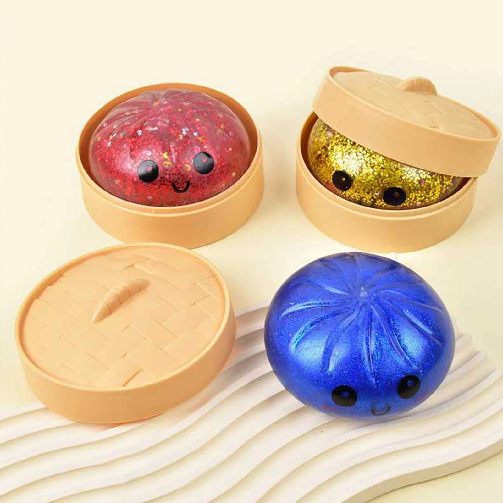 Glitter Dumpling Squishy Stress Ball — Sparkly Fidget Toy with Mini Steamer