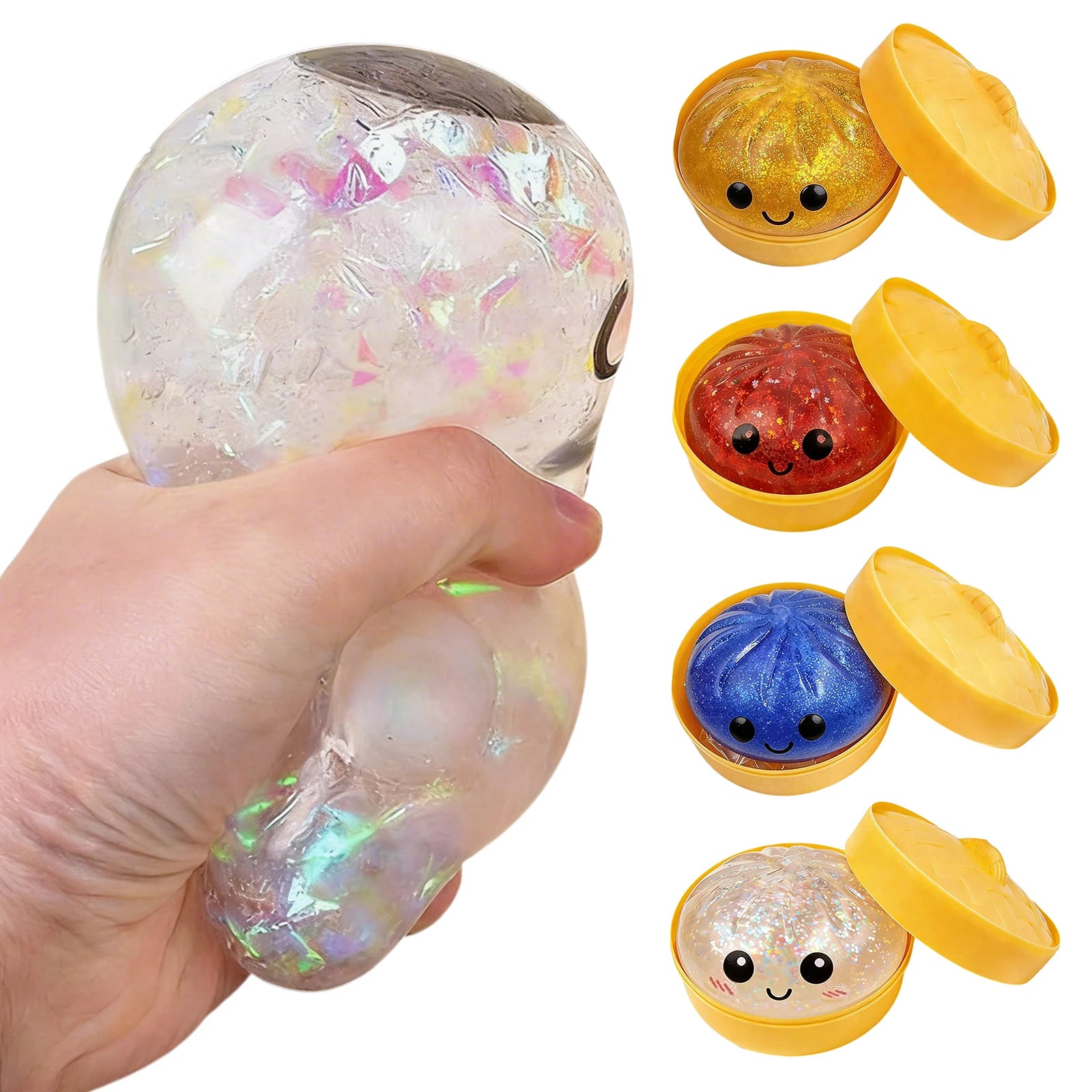 Glitter Dumpling Squishy Stress Ball — Sparkly Fidget Toy with Mini Steamer