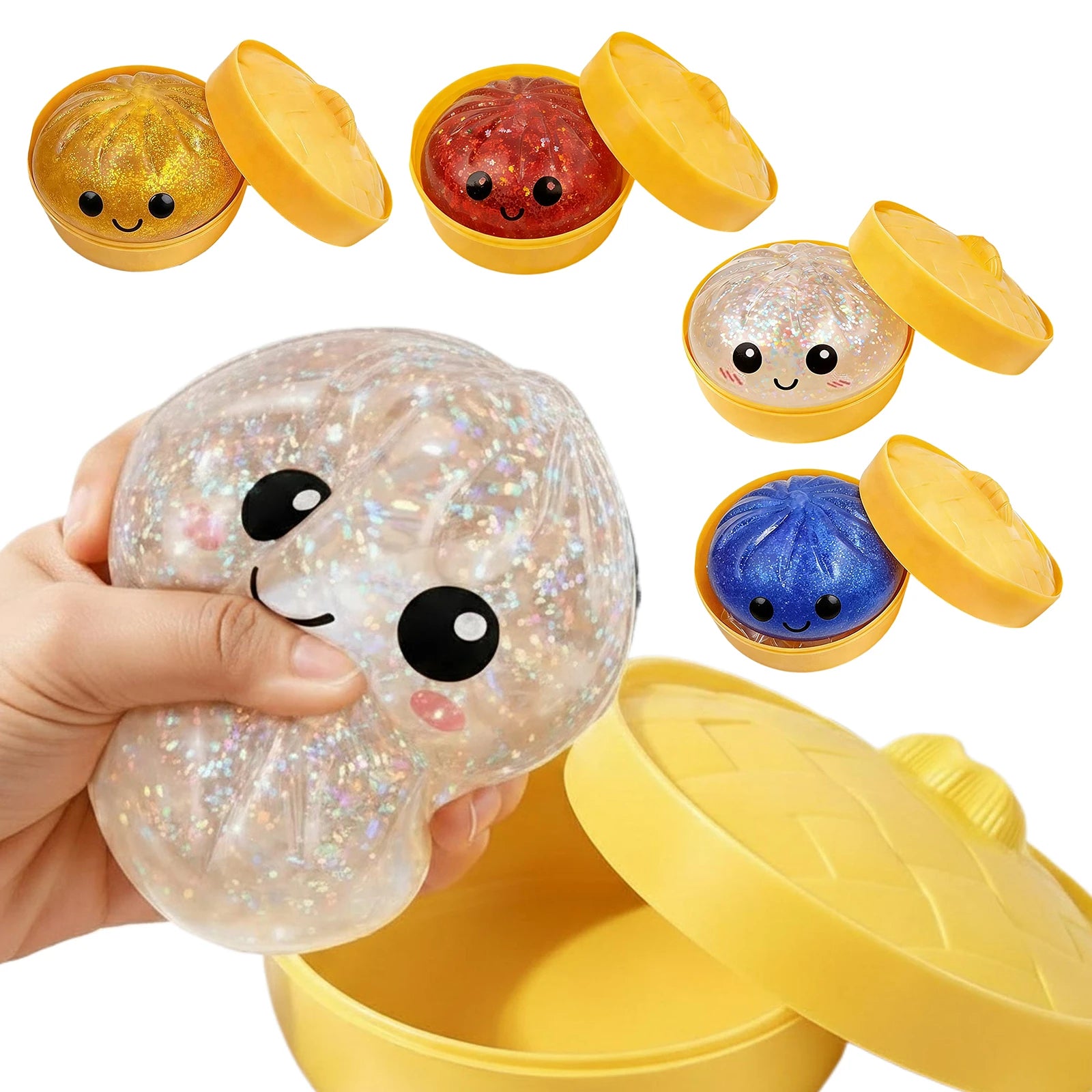 Glitter Dumpling Squishy Stress Ball — Sparkly Fidget Toy with Mini Steamer
