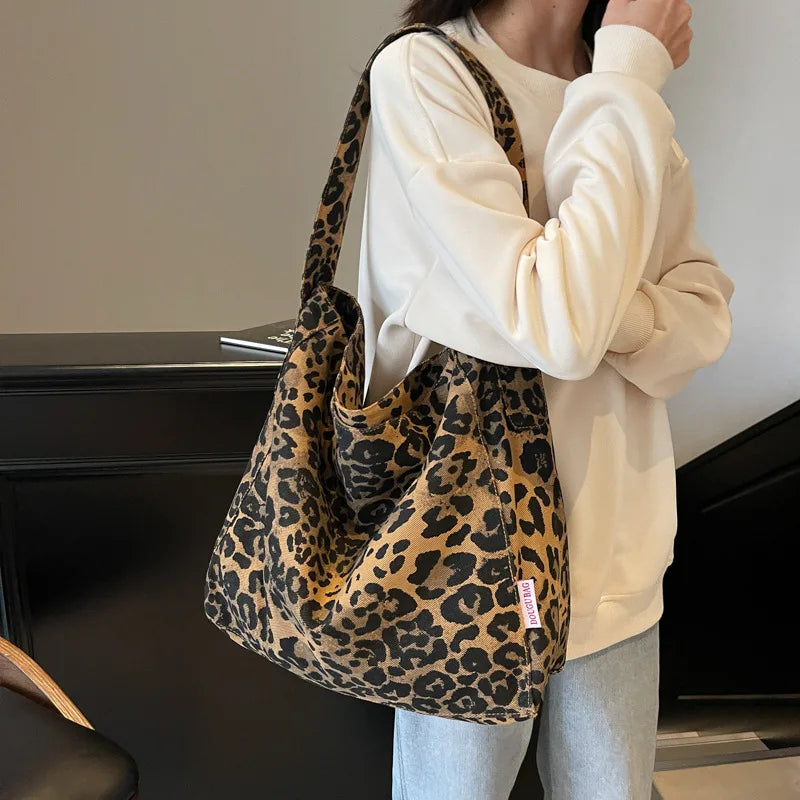 Vintage Leopard Canvas Tote Bag – Women's Large Shoulder Shopper Bag