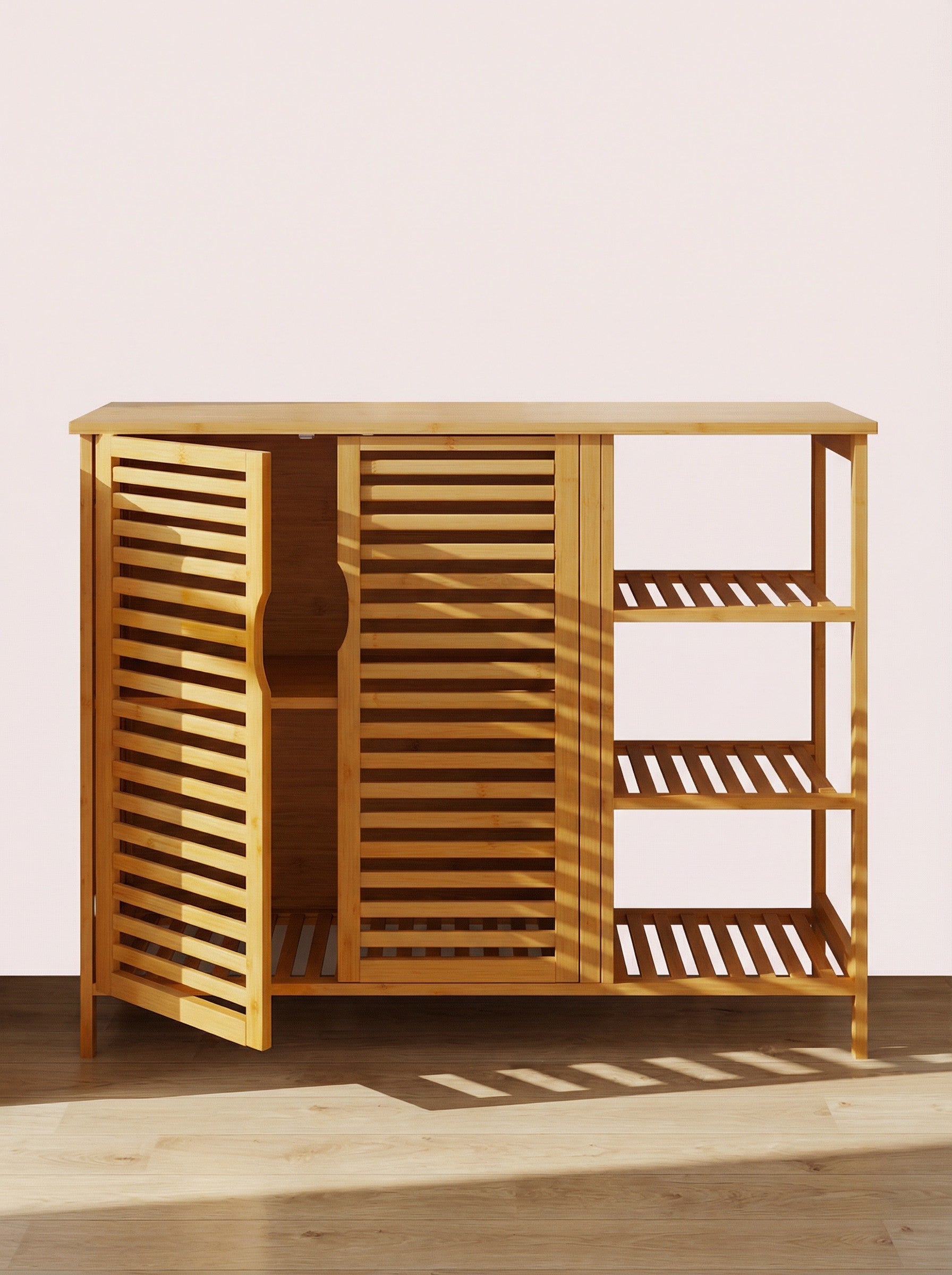 Bamboo 4 Tier Floor Cabinet with Doors, Freestanding Storage - Snag N' Style