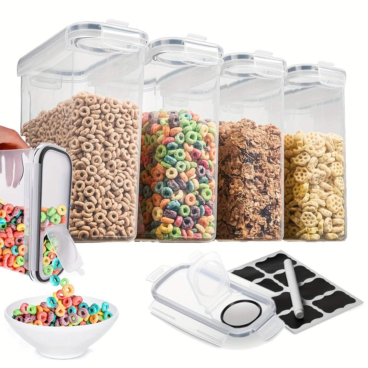 4-Piece Set: Airtight Cereal Storage Containers with Pour Spouts & Measuring Cup – 4L Kitchen Pantry Organizer - Snag N' Style